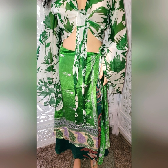 Exotic Silk Boho Green Multicolor Reversible Wrap Maxi Skirt - Picture 3 of 16